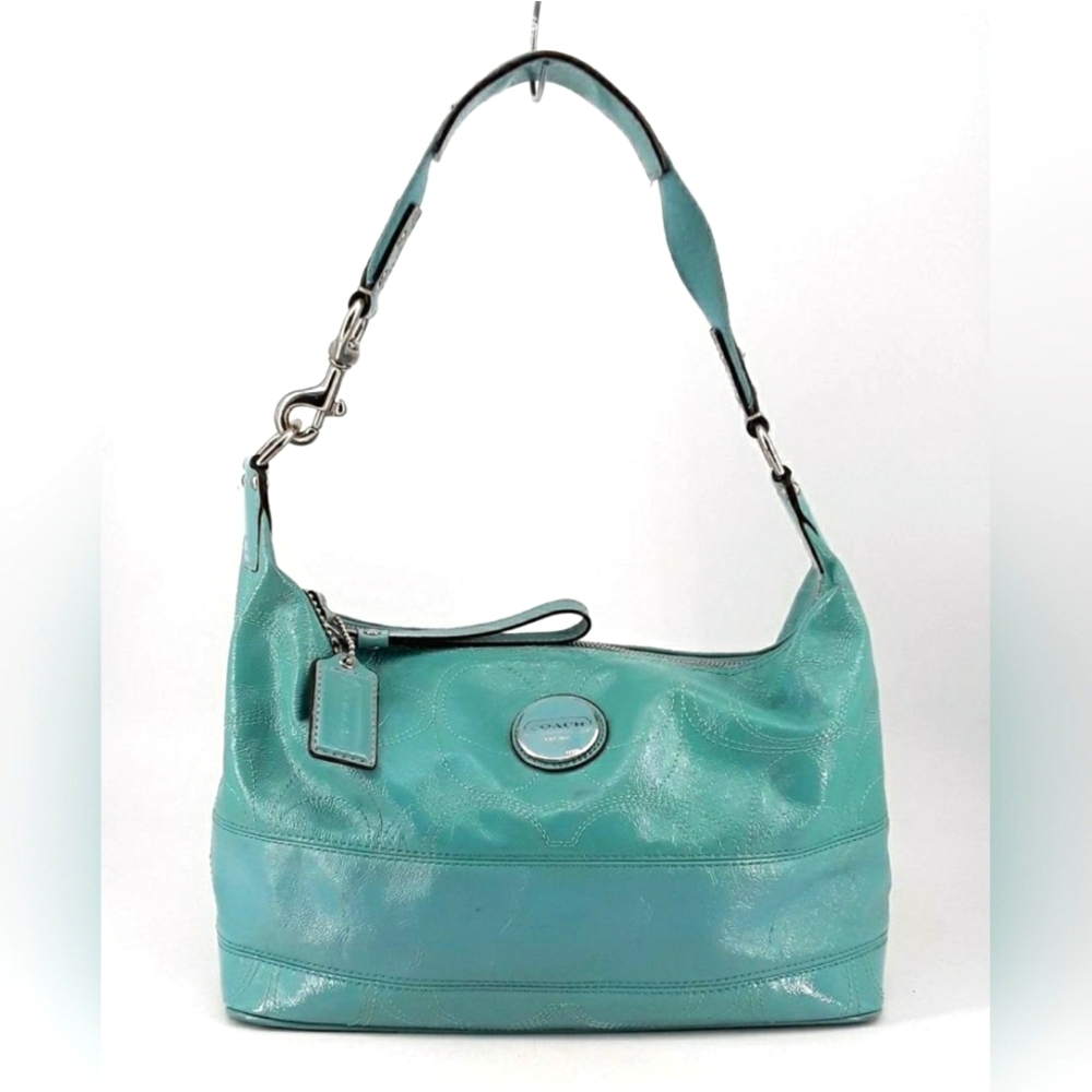 COACH F17421 Signature Hobo Blue Turquoise Patent Leather Top Zip Shoulder Purse